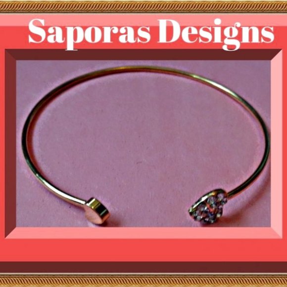 Gold In Color Cuff Heart Design Bracelet With Clear Crystals - Picture 1 of 1